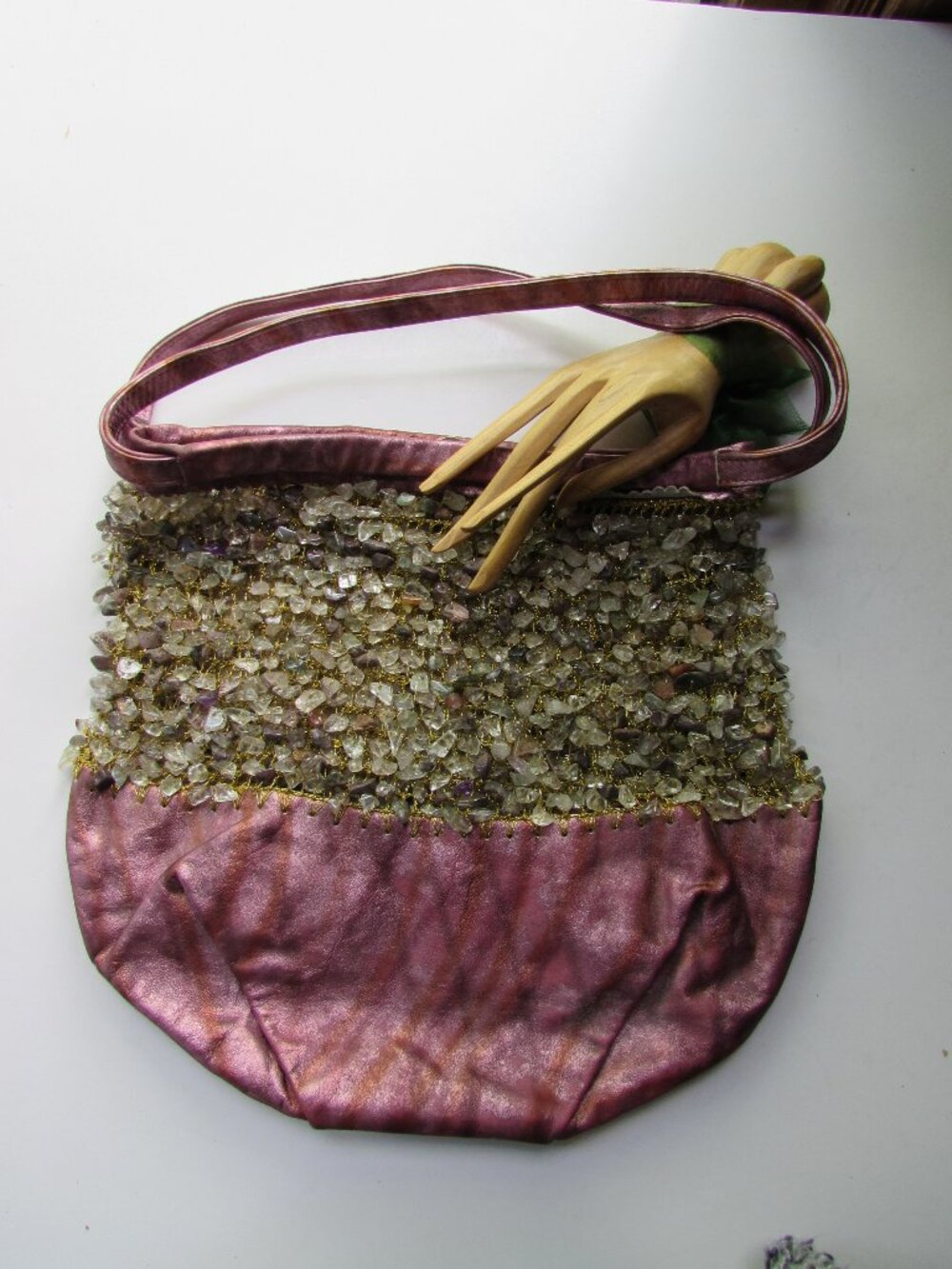 Stunning Hobo Style Purse Mauve Pleather Crystal Grid